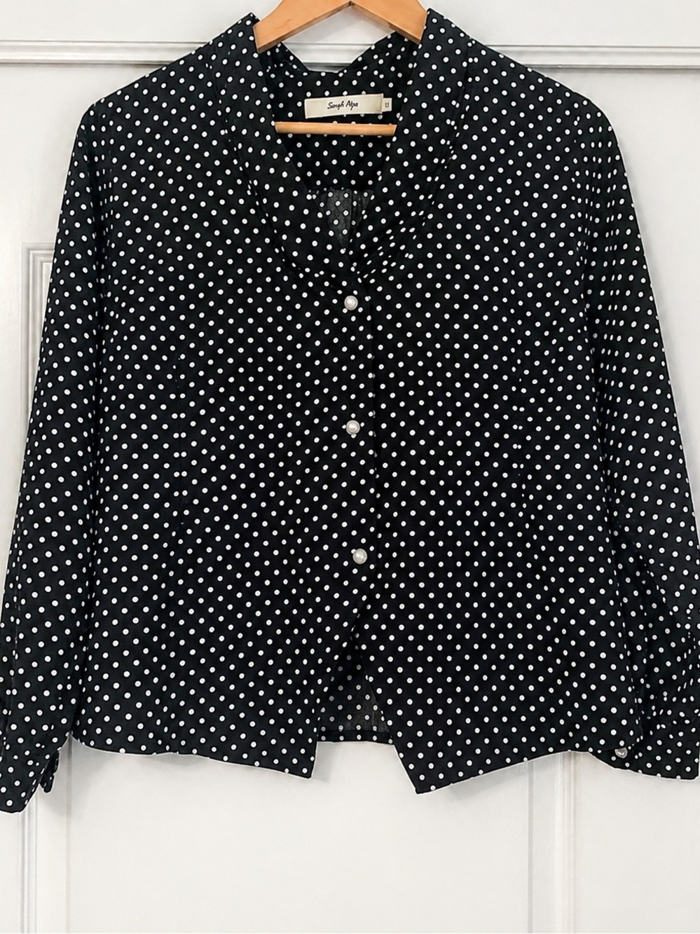 Polka Dot Blouse Black White Button Front Long Sleeve Retro Top Women M
